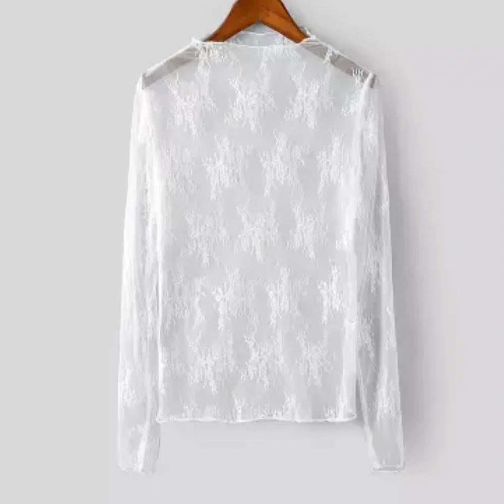 Lace blouse top shirt mesh transparent sexy women’s long sleeve - Picture 2 of 10